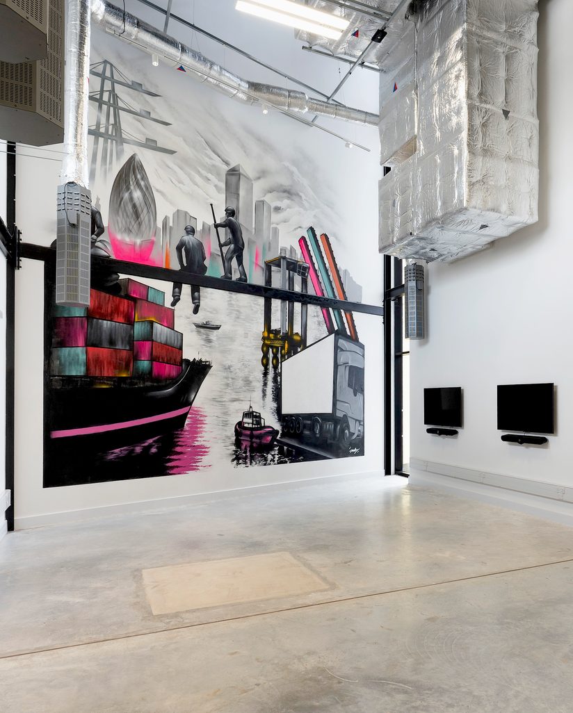 Open space with a London Gateway mural